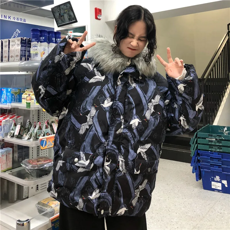 Woherb Harajuku куртки зимняя женская стеганая парка винтажный кран печати свободная японская стеганая куртка с капюшоном Femme Chaqueta Mujer