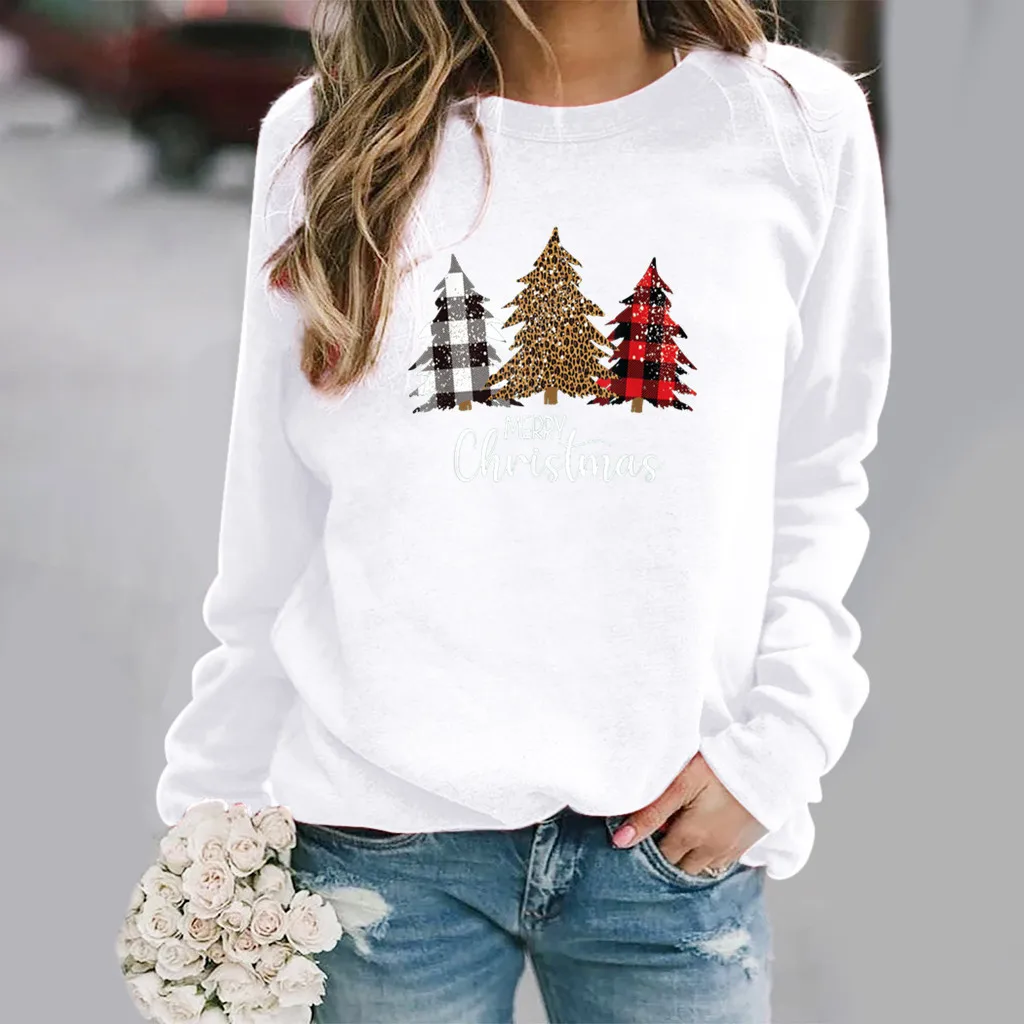 

Women Hoodie Merry Christmas Plaid Tree Printed Hoodies Women Fleece Long Sleeve O Neck Loose Sweatshirt Girls Pullovers Winter