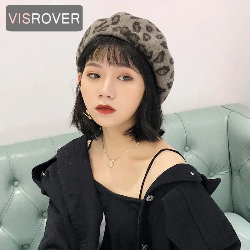 VISROVER/женский шерстяной берет леопардовой кожи, женская вязаная шапка, осенне-зимняя шапка из леопардовой кожи, высокое качество, женская шапка