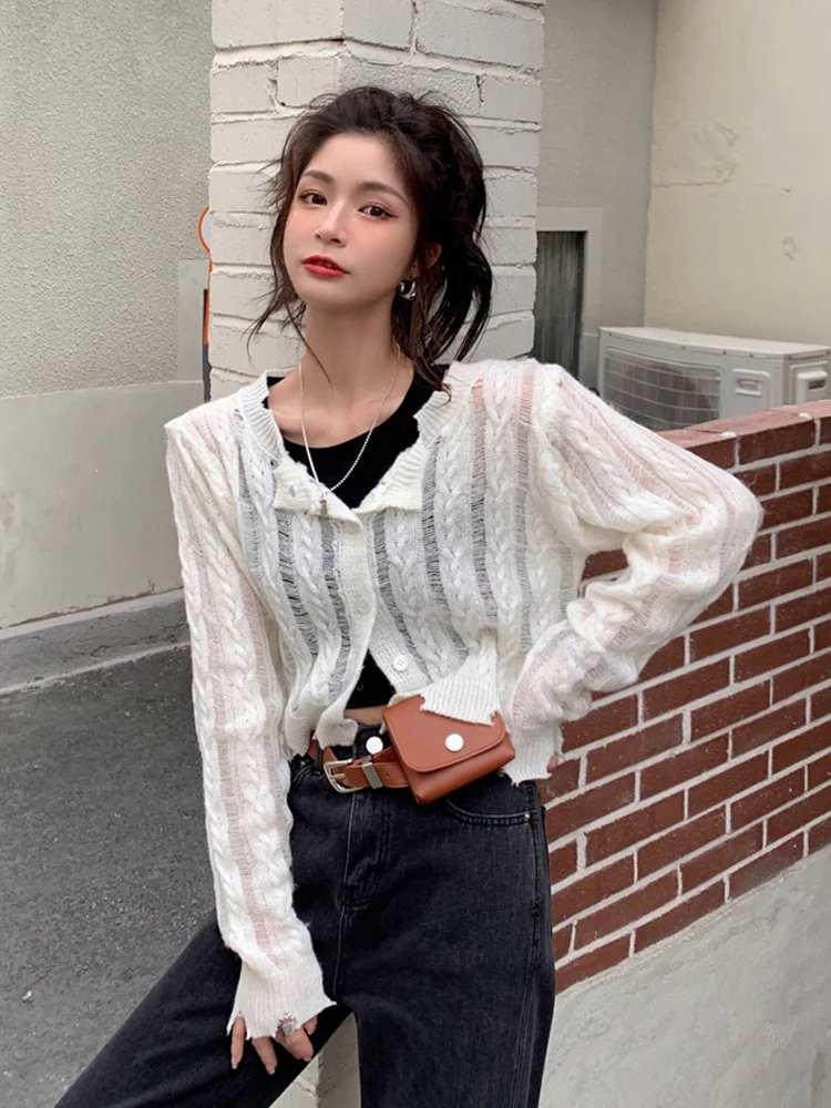 Вязаный кардиган футболка женский тонкий свитер на весну и осень пальто новинка