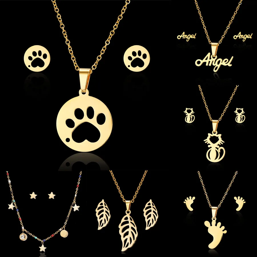 

Stainless Steel Necklace Earrings Set For Women Angel Footprints Cute Cat Stars Pendant Necklace Girl Wedding Party Jewelry Gift