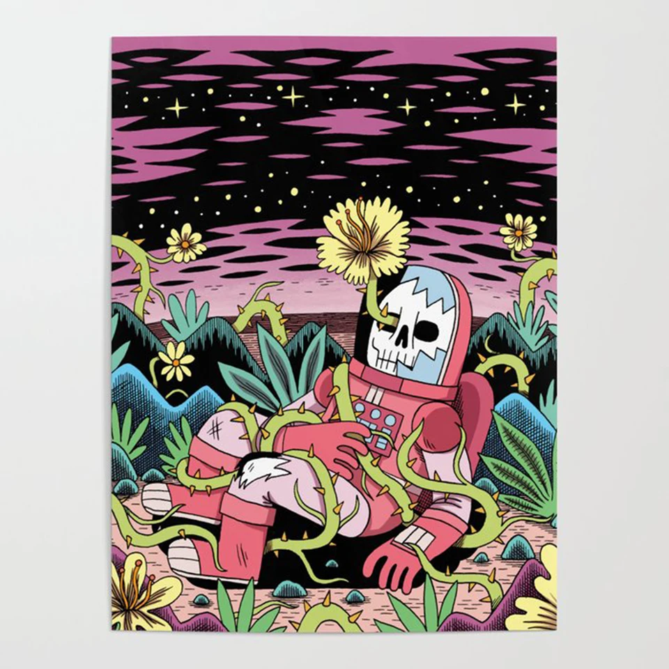 

Cartoon Astronaut Flowers Glass Sky Canvas Painting Wall Art HD Printed Poster Modular Home Decor Abstract Pictures For Kid Room