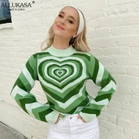 y2k aesthetics sweater women heart striped fashion sweaters e girl sweet pullover casual elegant 90s knitwear round neck clothes