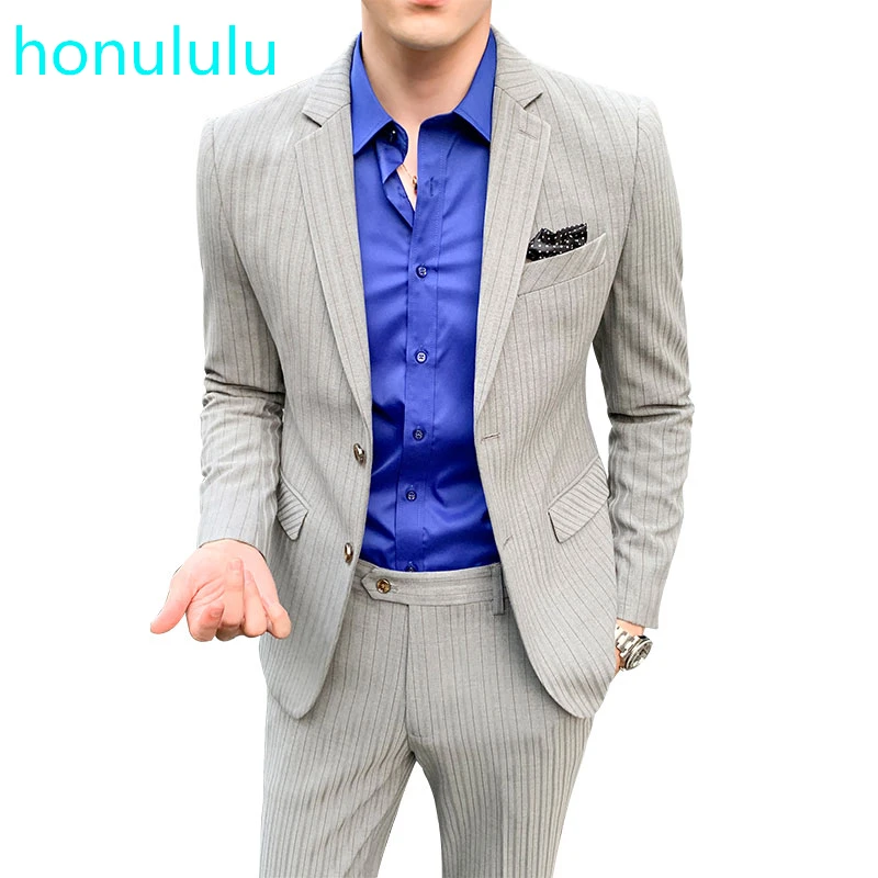 

Autumn and winter fashion youth business leisure stripe suit men's slim men's suit two piece suit