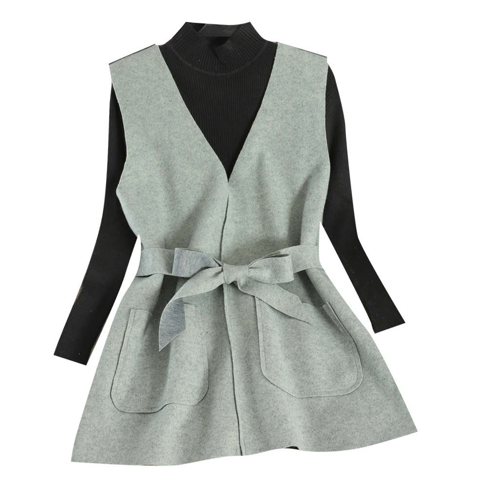 

Vintage Women Beige/Black Sweater + Double Pockets Vest 2pcs Set 2020 New Vest + Long Sleeve Round Neck Knit Blouse 2 Piece Set