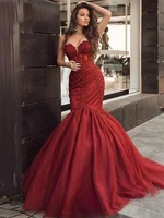 elegant lace burgundy mermaid prom dresses long seweetheart appliques beaded tulle formal evening gowns plus size vestidos