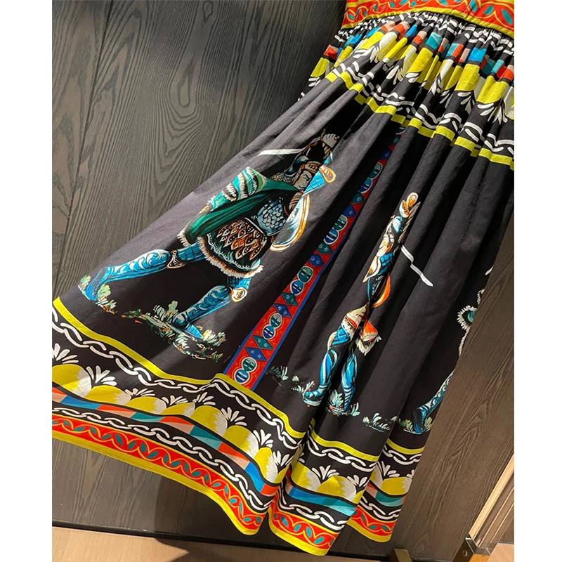 

SEQINYY Sicily Dress Knee Summer Spring New Fashion Design Women Runway Vintage Black Red Flowers Print 100% Cotton Luxury