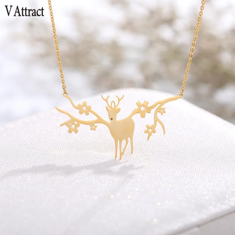 V Attract Christmas Necklaces Elk Deer Antlers Pendant Necklace Gift for Women Gold Clavicle Chain Jewelry Collier Femme | Украшения и