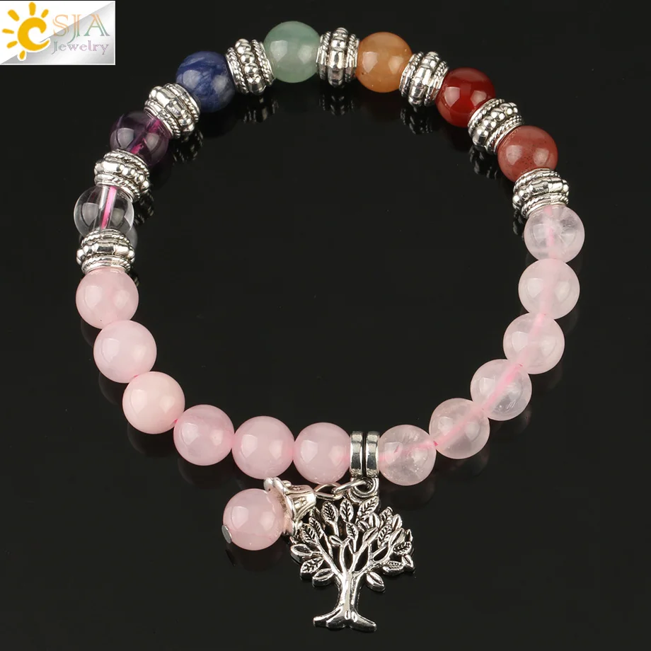 Rose Quartz Csja рейки натуральный камень 7 Чакра Дерево жизни браслет смешанные цвета бисера Баланс йога браслет для женщин мужчин целебные ювелирные изделия G166 - Окраска металла: Rose Quartz