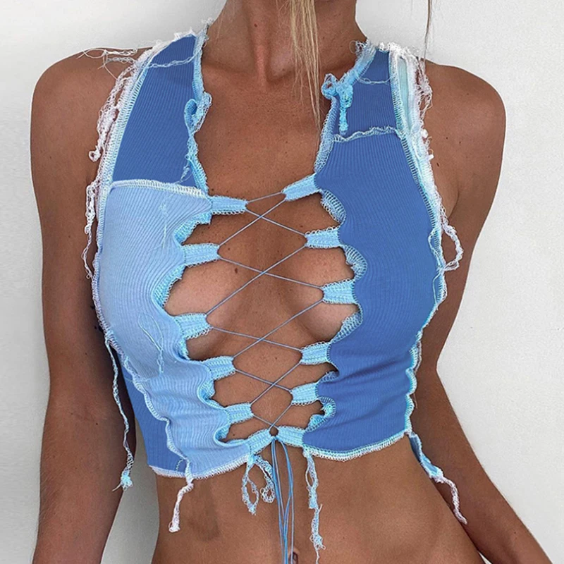 

NiMi Sexy Bandage Cutout Short Tops Women's Camisole 2021 Summer Punk Clothes Knitted Vest Clubwear Chaleco Mujer Checkered