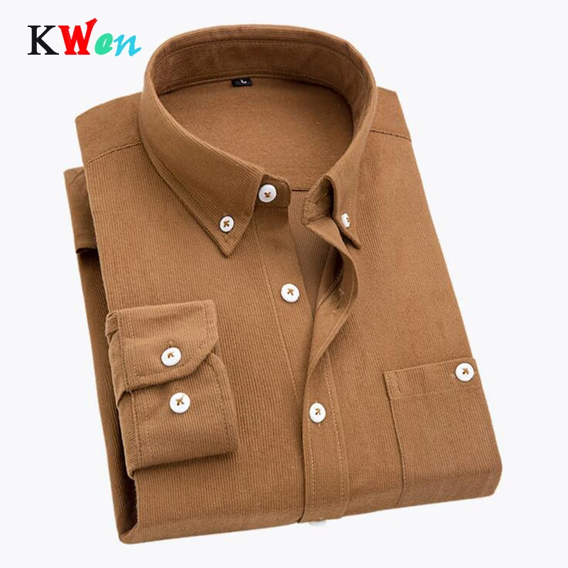 Мужская Вельветовая рубашка Мягкая Повседневная Облегающая с длинным рукавом