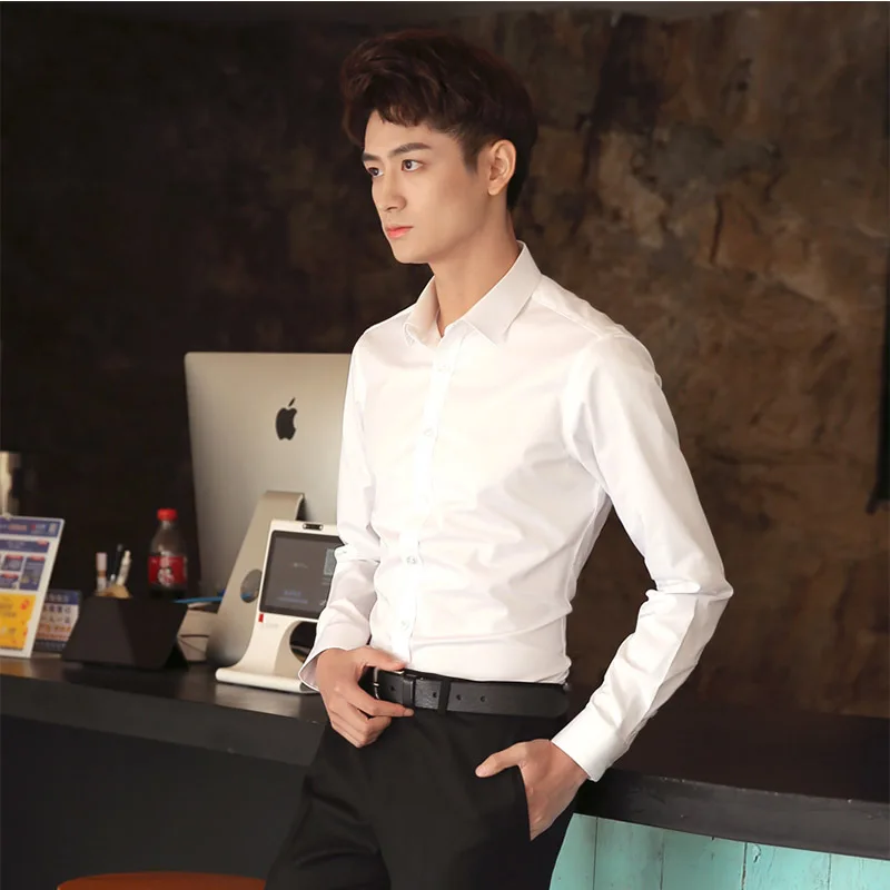 

Men's shirt business solid color shirt Korean slim business long sleeve bamboo fiber non iron Shirt Youth