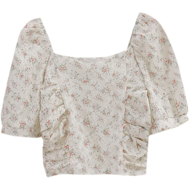 

Chic Lace Floral Puff Sleeve Short Top Women 2021 Summer New French Square Collar Slim Fit Pullover T Shirt Lady Ruffles T-shirt
