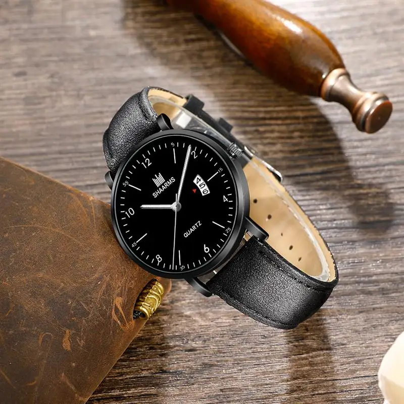Модные мужские наручные часы с черным кожаным ремешком из нержавеющей стали