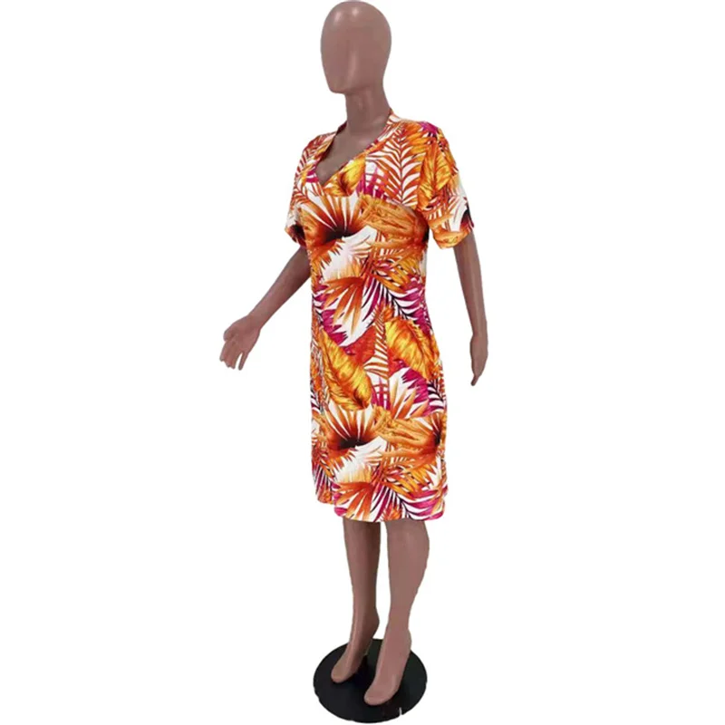 

RStylish Plus Size Dresses 2021 New Arrivals Casual Womens Printed V-Neck Short Sleeve With Pocket Beach Loose Summer Midi Dress