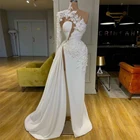 2020 арабские дубайские кружевные белые платья для выпускного вечера с высоким воротом на одно плечо с длинным рукавом Формальные Вечерние платья с Боковым Разрезом Вечернее платье