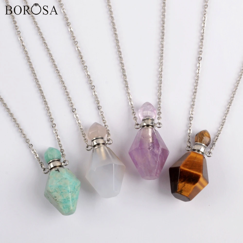 

Silver Plated Faceted Stone Perfume Bottle Necklace Natural Amazonite Amethysts Essential Oil Diffuser Pendant Necklace WX1610