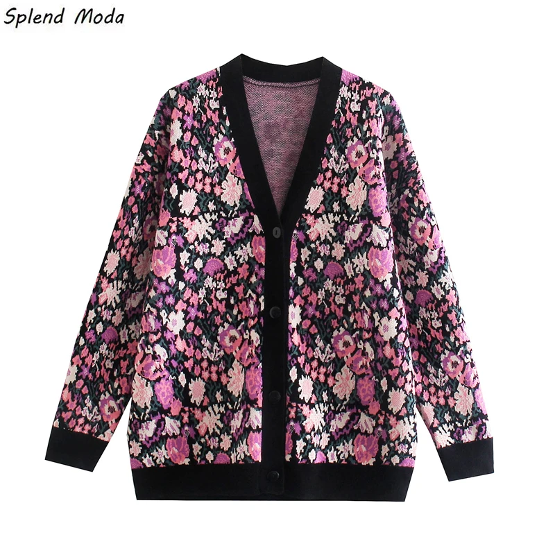 

Splend Moda Autumn Fashion Vintage Casual Loose Flower Jacquard Sweater V-Neck Single Breasted Knitted Cardigan Women