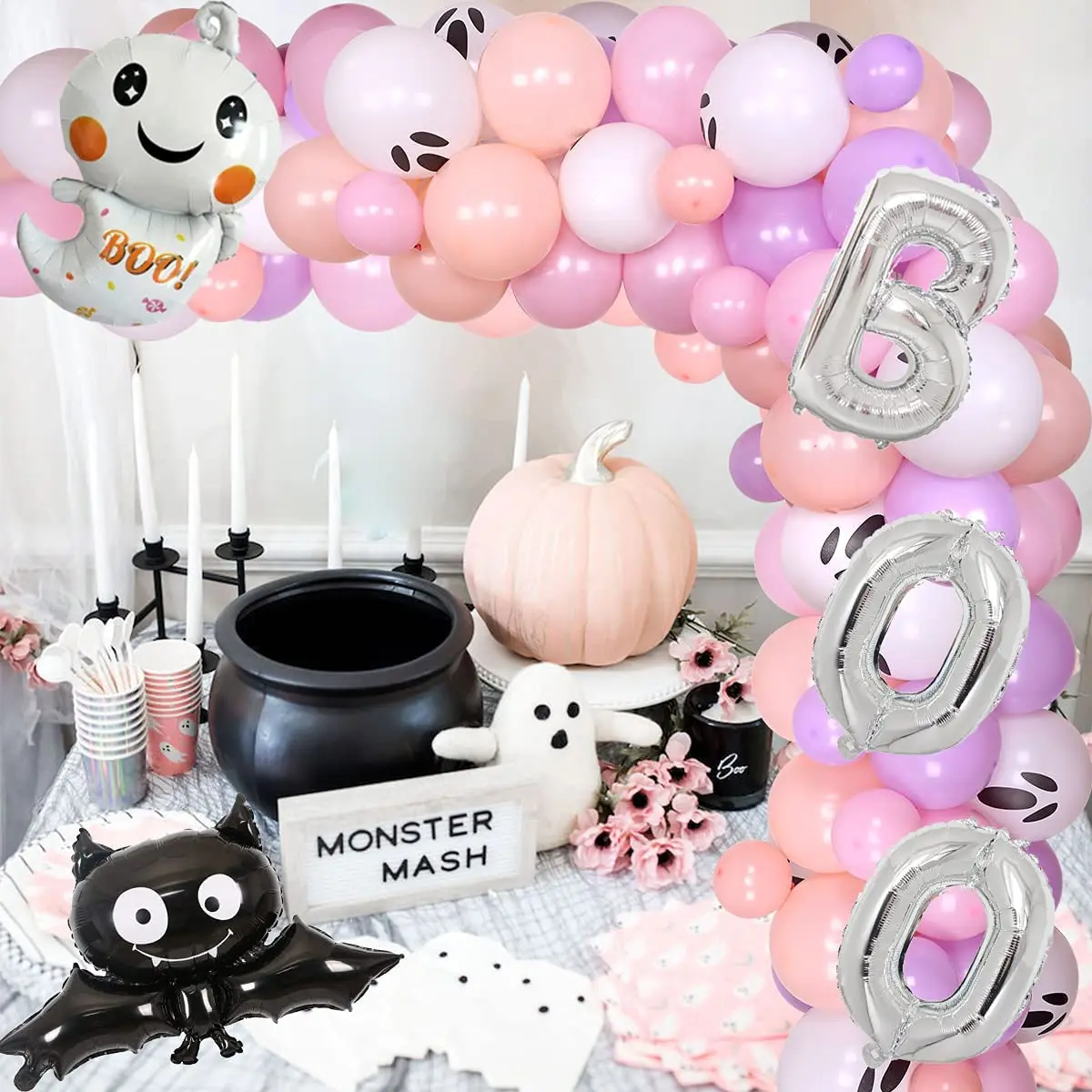 

Halloween Balloon Garland Arch Kit Macaron Pink Purple Orange with BOO Spider Ghost Balloons for Girls Halloween Decorations