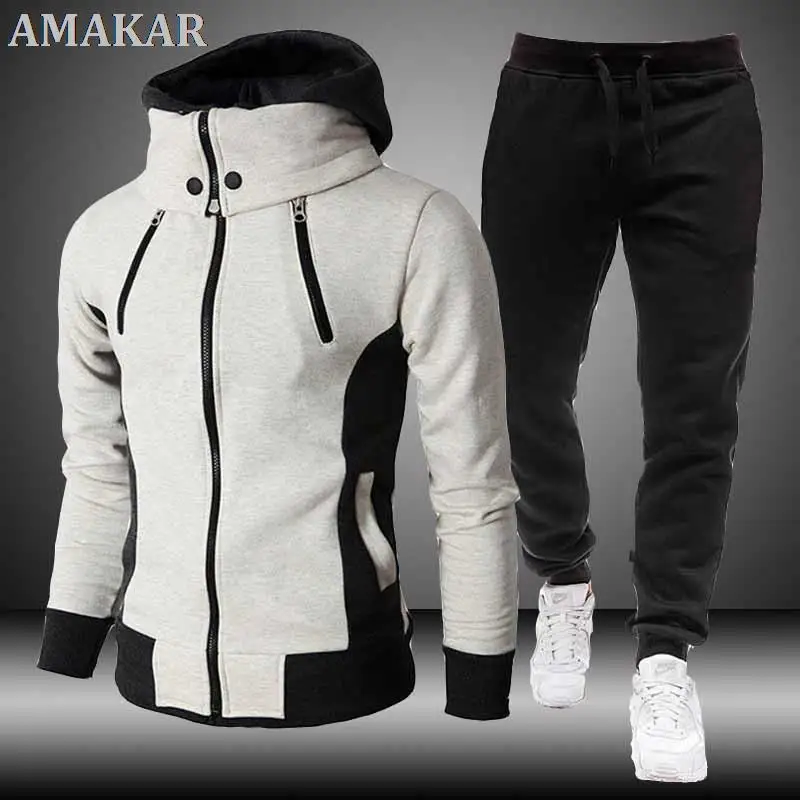

Casual Men Zipper Jacket Two Piece Set Autumn Winter High Callor Hoodie + Pant Sportswear Male Warm Tracksuit