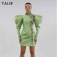 yalin puff sleeves short homecoming gowns prom dresses sexy vintage green high neck mini cocktail party gown vestido de festa