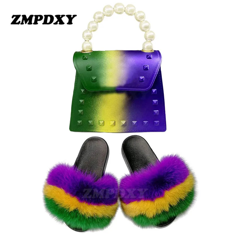 

Fox Fur Slides For Women Crossbody Pearl Handbag Rainbow Jelly Bag Purse Set Ladies Luxury Fluffy Furry Sandals Indoor Slippers