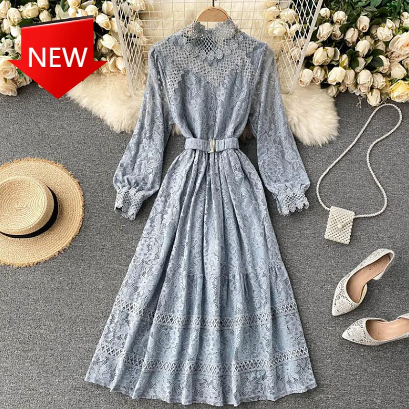 

Lace Dress Sweet Hollow Out Slim Long Sleeve Midi Long Dress 2021 Spring High waist Party Vestidos Elegant Stand Collar Women