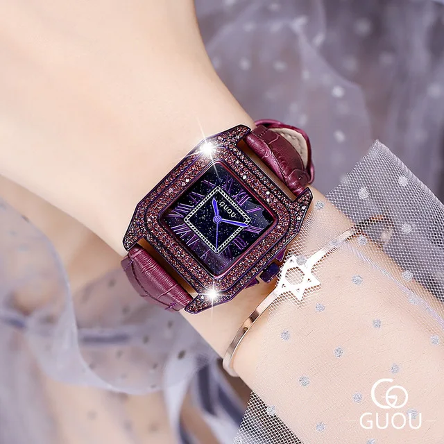 New 2021 Noble Purple Ladies Watch Women Diamond Bracelet Dress Watches Leather Strap Rhinestone Quartz Wrist Watch Montre Femme