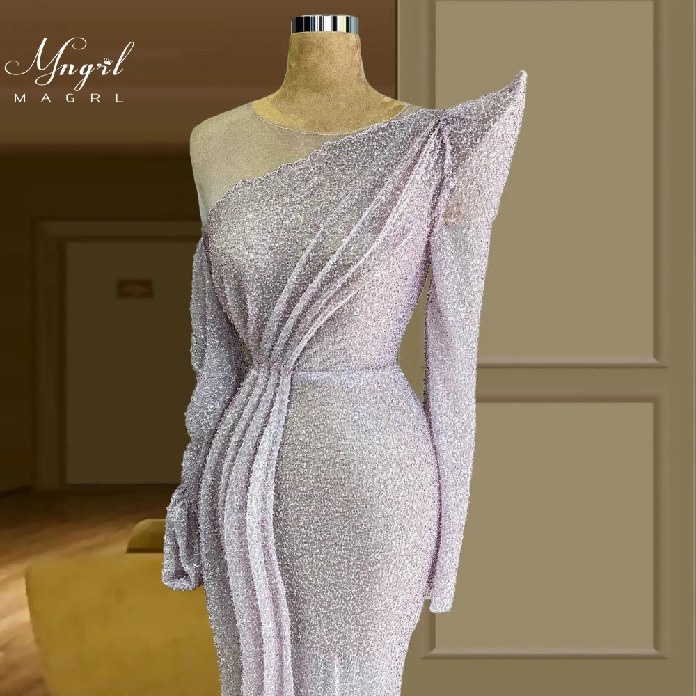 

MNGRL Luxury Evening Dress One-shoulder Long Sleeves Hand-applied Diamonds Glittering 2021 New Evening Dress Party Dress