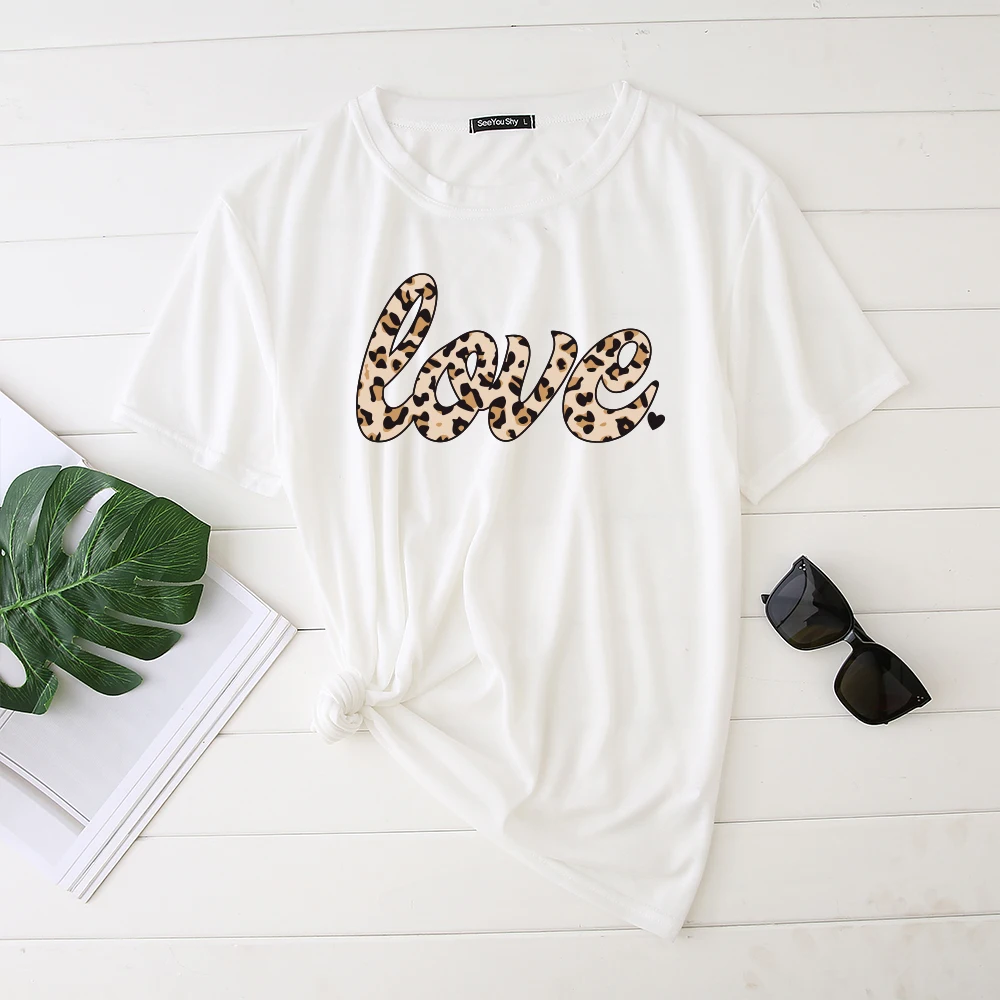 Seeyoushy Leopard Love Heart Printing Women's T-shirts Love Couple Kawaii tee T Shirt Harajuku Woman Shirt Femme Top Clothes
