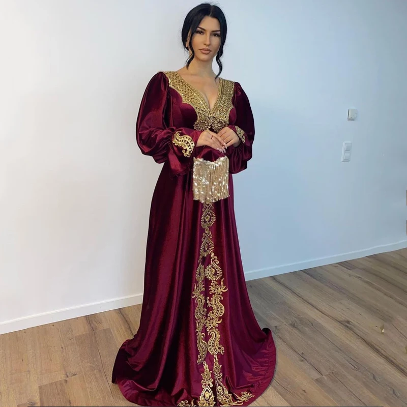 

Thinyfull Burgundy Moroccan Caftan Evening Dress Dubai Saudi Arabic Abaya Embroidery Velour Long Sleeve A-Line Islamic Prom Gown
