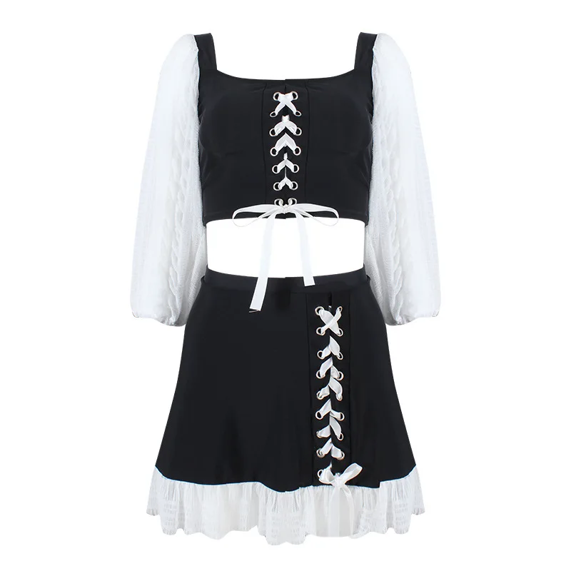 

Girl student split skirt bubble long-sleeved conservative thin sweet fresh fashion hot spring swimsuit women