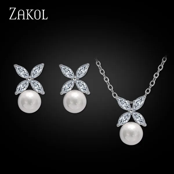 White Color ZAKOL Комплект украшений из искусственного жемчуга, Трендовое ожерелье с кулоном из кубического циркония, серьги, набор листьев, ювелирные изделия с кристаллами для женщин FSSP293 - Окраска металла: White Color