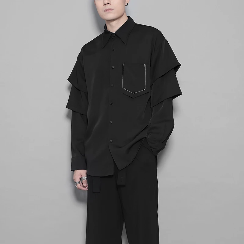 

Men's Multi-Layer Long-Sleeve Shirt Spring Autumn New Solid Color Lapel Line Pocket Multi-Layer Long-Sleeve Design Shirt