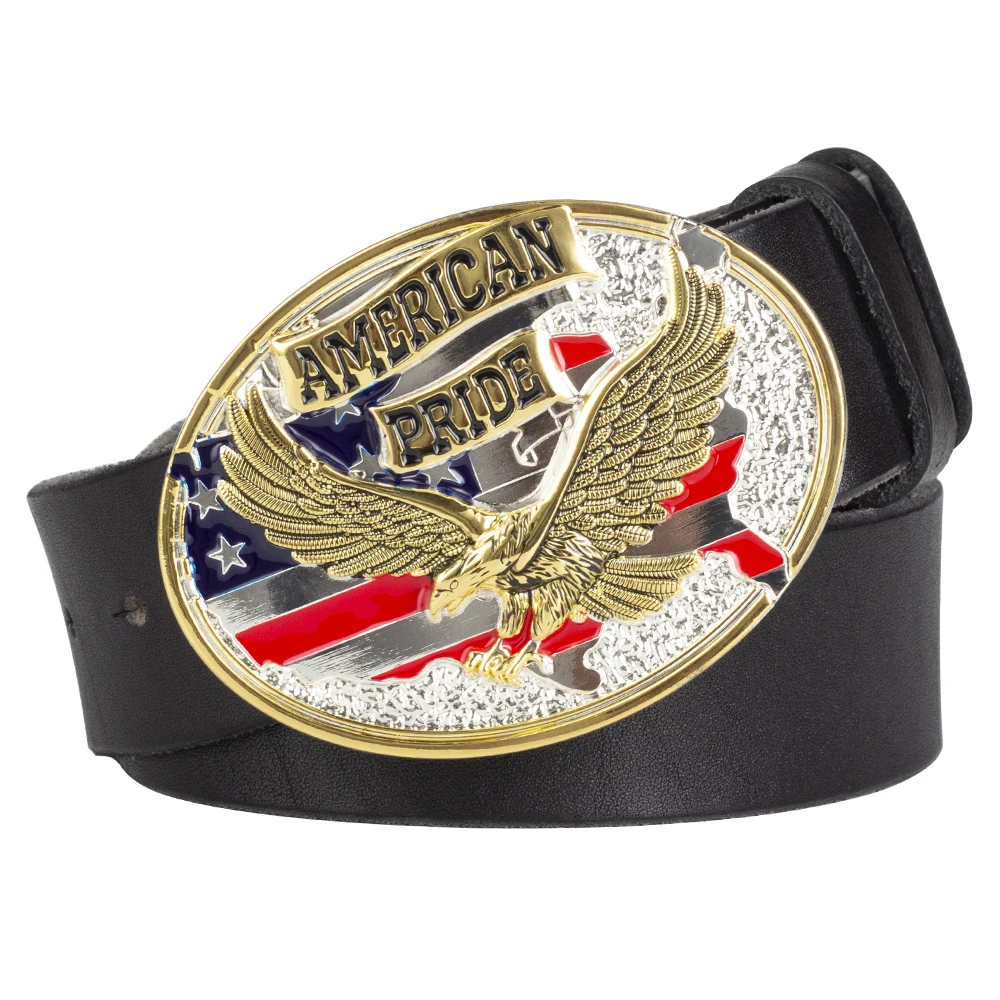 Gold Eagel Buckle AMERICAN PRIDE Genuine Leather Belt for Men Cowskin Neutral Retro