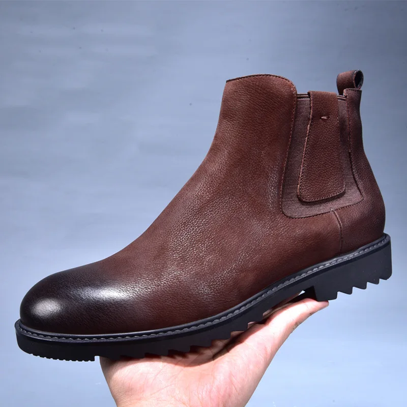 

Yomior Brand Vintage Style Genuine Leather Pointed Toe Casual Shoes Winter Snow Warm Fur Men Ankle Boots Tooling Chelsea Boots