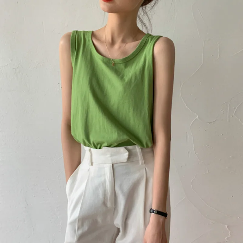 

New 2020 Summer Casual Simple Solid Multicolor Pure Cotton Sleeveless Sports Vest Women Elegant Loose O-neck Bottoming Tank Tops