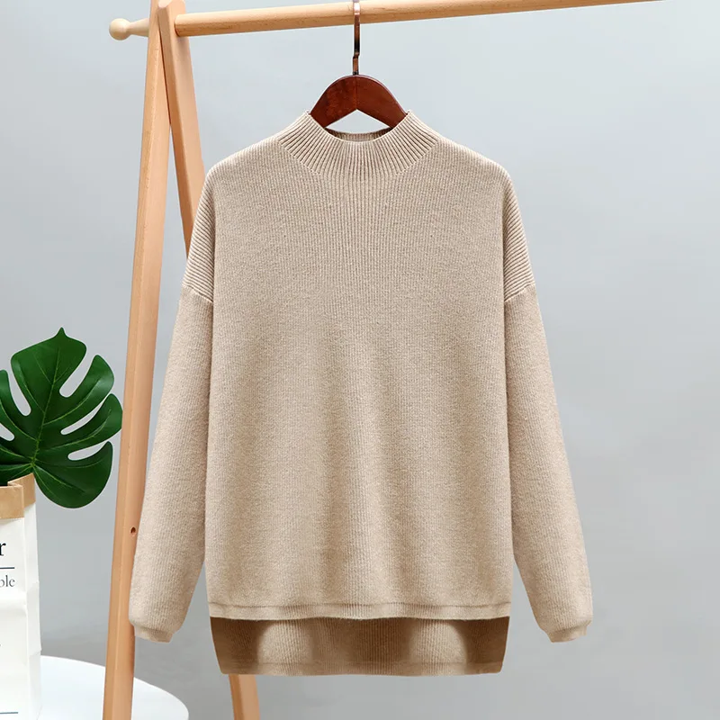 

2020 Fashion New Oversize Half High Neck Short Font Back Long Slit Thick Sweater Women Casual All Match Lazy Wind Knitted Top