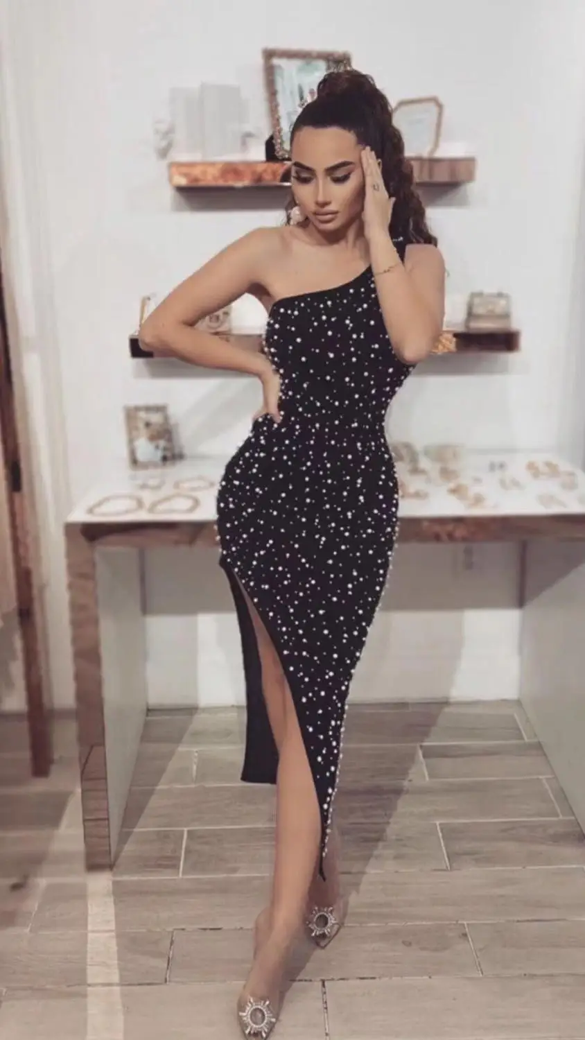 Новинка 2020 женское черное элегантное платье на одно плечо вечерние платья