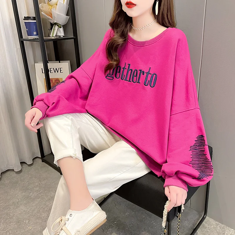 

#5639 Spring Autumn Casual Sweatshirts Women Embroidery Letters Cotton Batwing Sleeved Harajuku Sweatshirts Female Pullovers