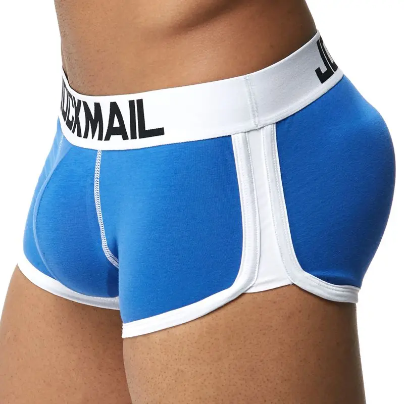 Синий JOCKMAIL, фирменное Мужское нижнее белье, боксеры, плавки с сексуальным мешочком для пениса, усиление выпуклости спереди+ сзади, Двойная съемная чашка пуш-ап - Цвет: Синий