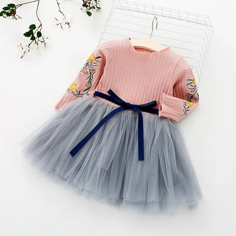 Autumn Knitted Dresses Baby Girl Dress Embroidery Flower Infant Toddler Party Tutu Ball Gown Birthday | Детская одежда и обувь