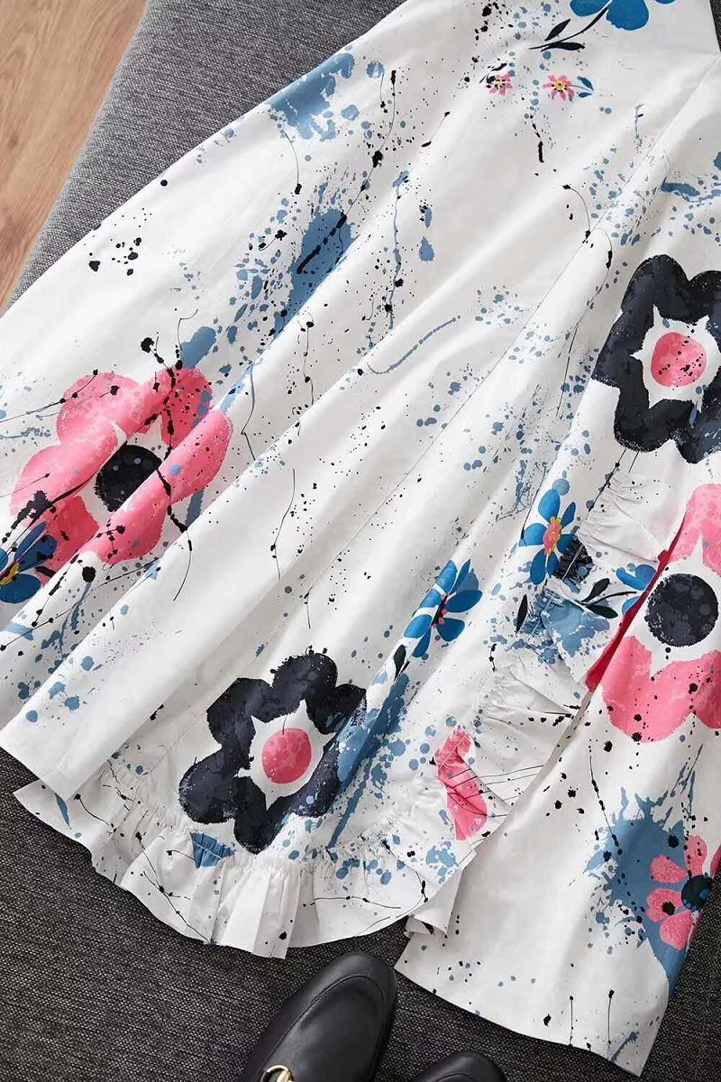 

100%Cotton 2020 Summer Women V-Neck Color Block Flower Print Pocket Patchwork Sleeveless A-Line White Yellow Dress Lolita