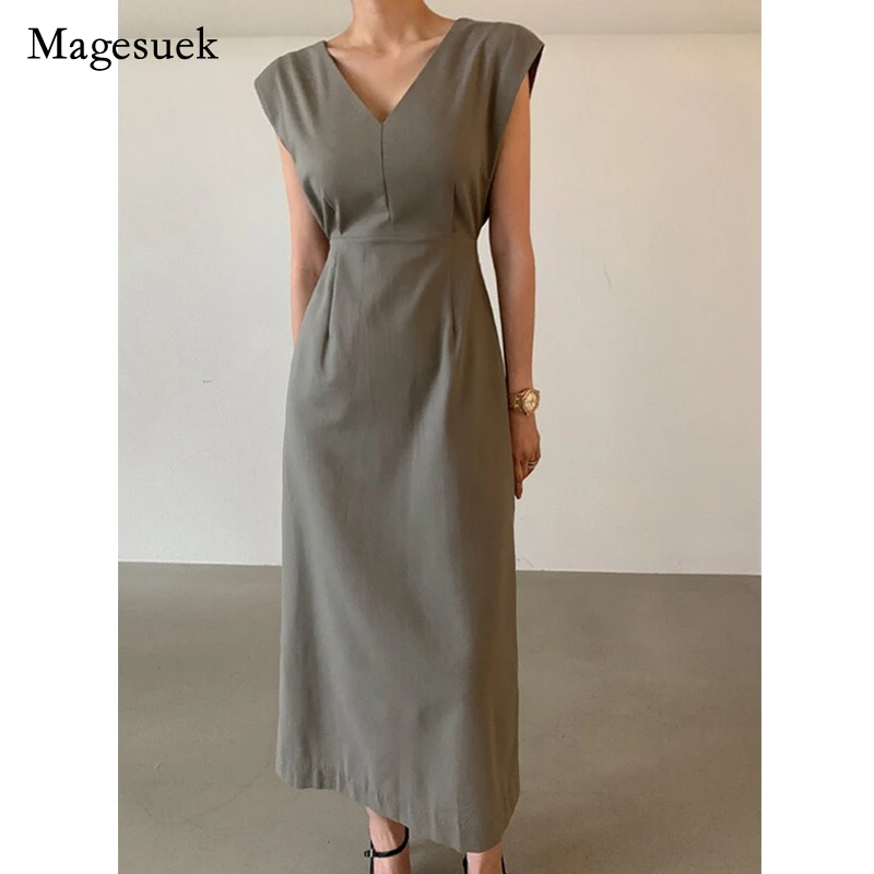 

Женское платье на молнии, однотонное приталенное платье средней длины без рукавов с V-образным вырезом, элегантное винтажное платье в Корей...