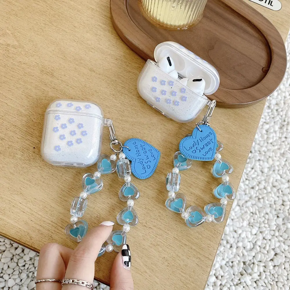 

Blue flowers For Airpods 2 case Earphone protective sleeve For Airpods 3 pro cases Soft silicone Cover with Love Hanging Chain