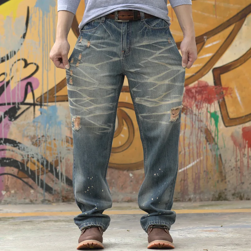 Retro Men Baggy Jeans Leisure Hole Stripe Straight Large Size Wide Leg Denim Pants Hip Hop Skateboard Blue Tattered Trousers