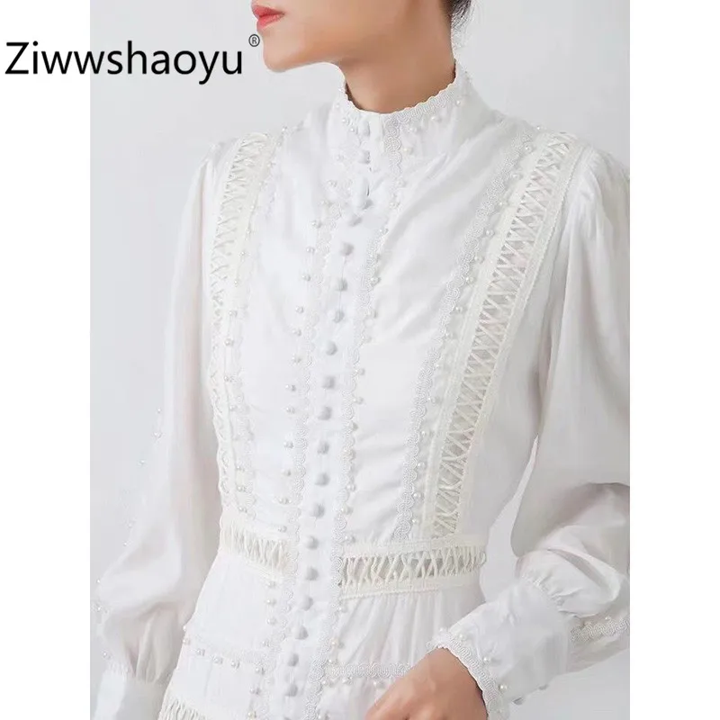 Ziwwshaoyu/высококачественное осенне-зимнее Брендовое короткое платье женские однобортные белые платья с длинным рукавом и отделкой из бус