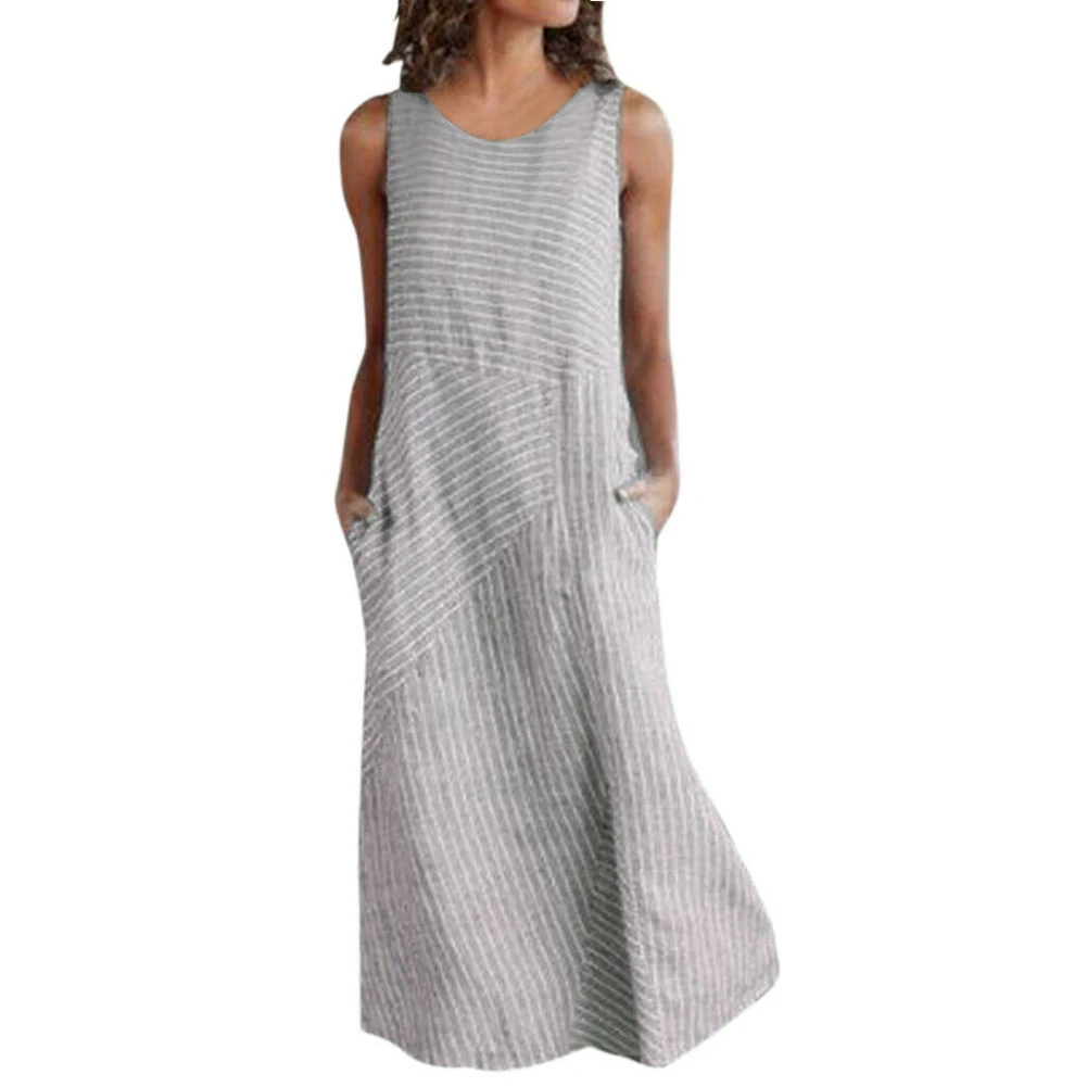 

Pop Women Striped Dress Sleeveless Round Neck Loose Breathable Casual Dress For Summer Pop 88