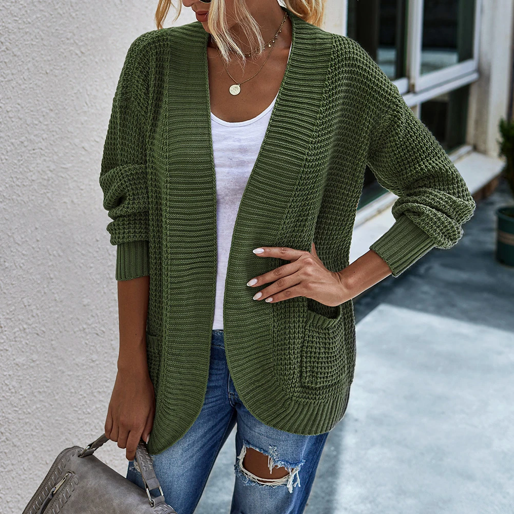 

Women Long Sleeve Open Front Pockets Cardigan Knitted Draped Sweater Outwear