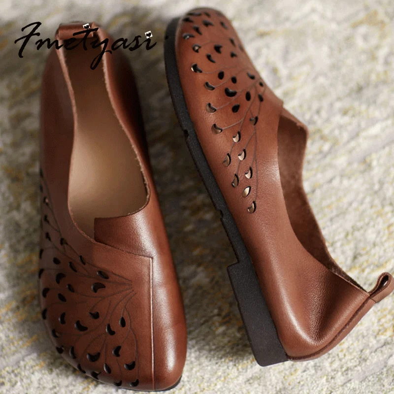 

Vintage Womens Loafers Shoes Flat soft Leather Sandals Summer Woman Hollow Handmade Leather Shoes Soft Sole Oxford Flat Shoes